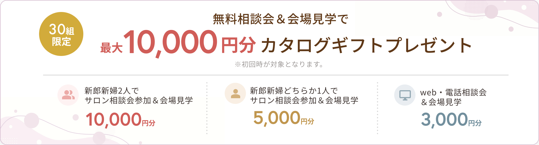 30組限定 無料相談会&会場見学で最大10,000円分カタログギフトプレゼント(新郎新婦2人でのサロン相談会参加&会場見学は10,000円分、どちらか1人は5,000円分、web・電話相談会&会場見学は3,000円分)※初回時が対象となります。
